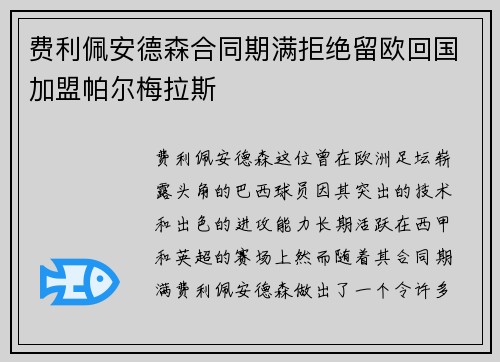 费利佩安德森合同期满拒绝留欧回国加盟帕尔梅拉斯 费利佩安德森合同期满拒绝留欧回国加盟帕尔梅拉斯